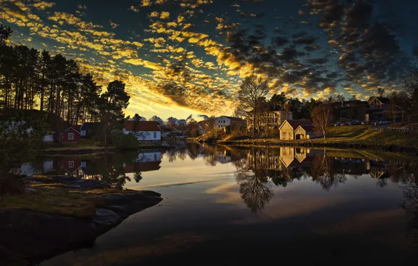 The sky, clouds, light, trees, mountains, the city, reflection, view