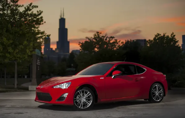 Red, the city, car, Chicago, Scion FR-S