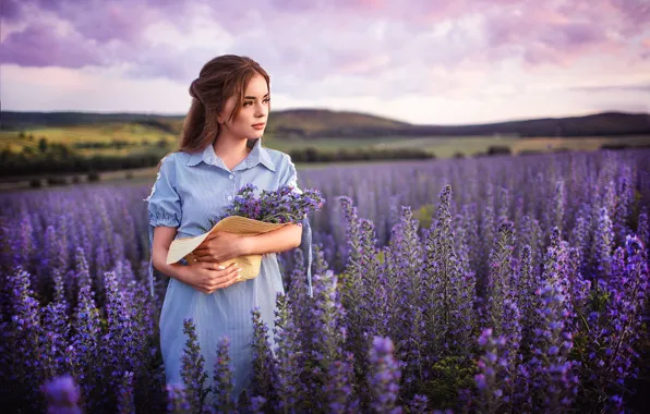 Field, summer, girl, flowers, nature, hills, hat, dress