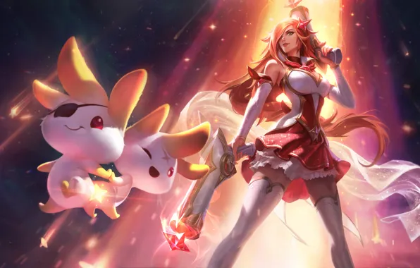 Gun, Stockings, Skirt, Stars, Art, Splash, League of Legends, LoL