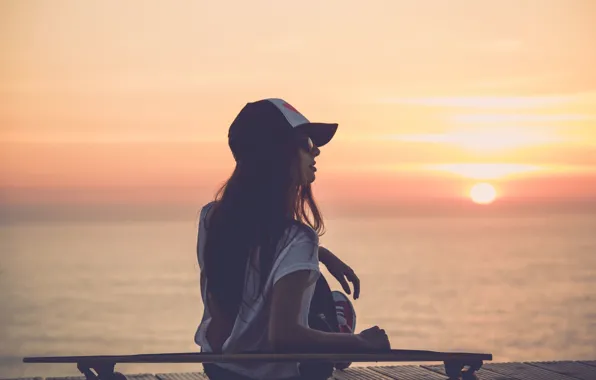 Girl, sunset, skateboard
