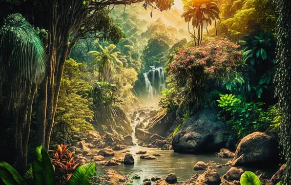 Forest, light, trees, landscape, nature, palm trees, thickets, view