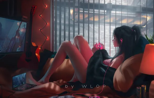 Girl, headphones, plays, laptop, WLOP