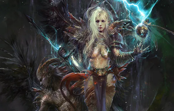 Zipper, skull, Girl, sword, spikes, elf