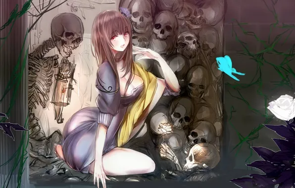 Flower, girl, butterfly, skeletons