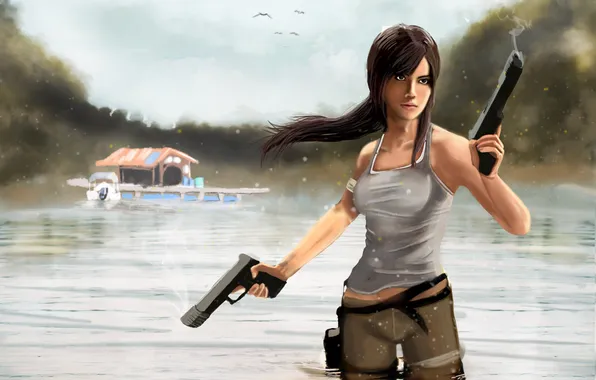 Picture the sky, water, girl, birds, reflection, weapons, guns, art