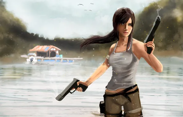 The sky, water, girl, birds, reflection, weapons, guns, art