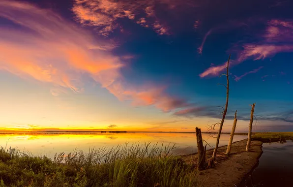 Picture the sky, grass, sunset, lake, glow