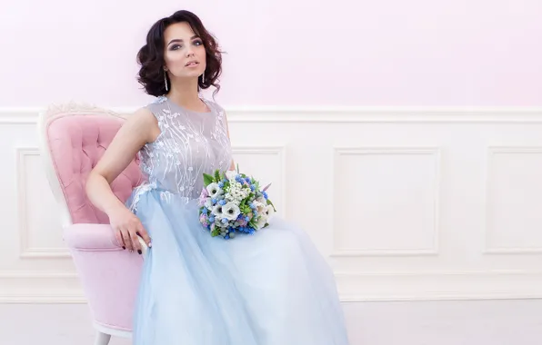 Picture girl, flowers, bouquet, chair, earrings, makeup, dress, brunette