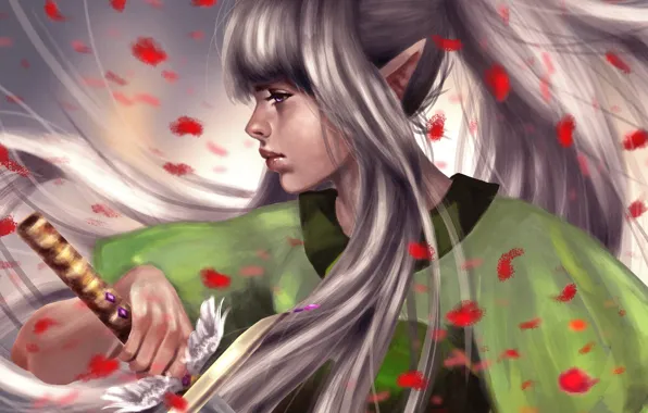 Picture girl, weapons, fiction, art, profile, elf