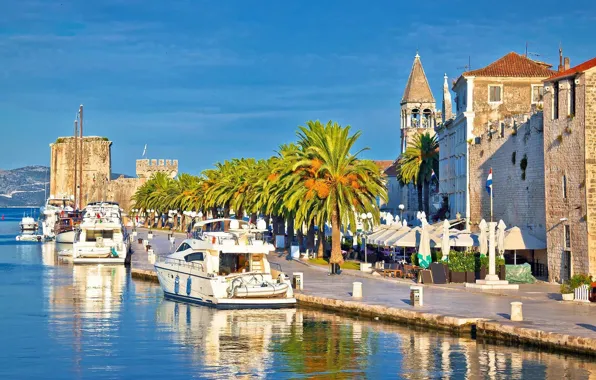 The city, palm trees, yachts, promenade, Croatia, Jadran, UNESCO, Trogir