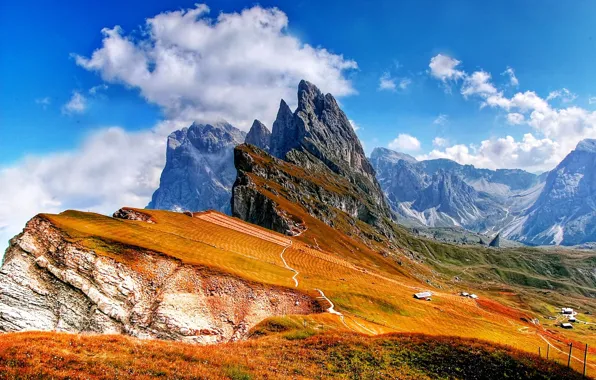 Freedom, clouds, mountains, yellow grass, home, space, space, haze