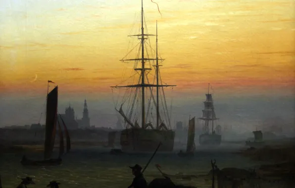 Ship, picture, silhouette, Harbour, Caspar David Friedrich
