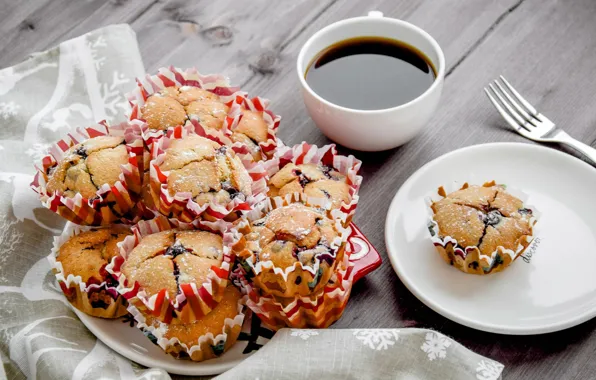 Picture coffee, cakes, cupcakes, muffins