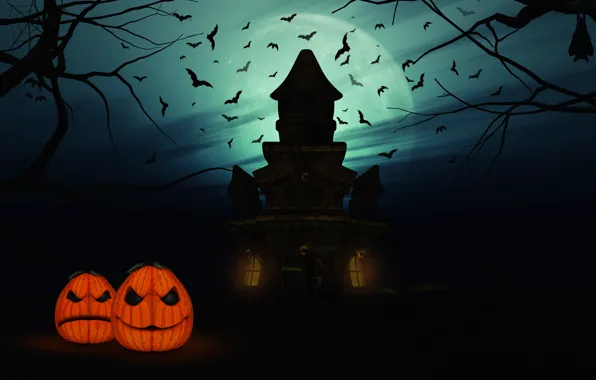 Night, The moon, House, Pumpkin, Halloween, Halloween, The full moon, Bats