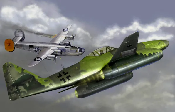 Picture war, art, painting, aviation, jet, ww2, Messerschmitt Me 262