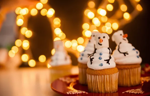 Lights, holiday, Christmas, New year, snowmen, snowman, garland, cakes