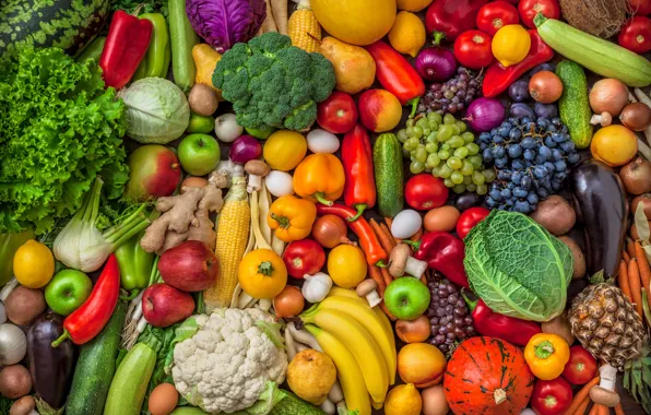 Greens, apples, eggs, corn, harvest, bow, grapes, eggplant