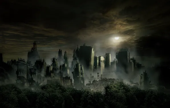 Picture skyscrapers, postapocalyptic, the ruined city, dark sky