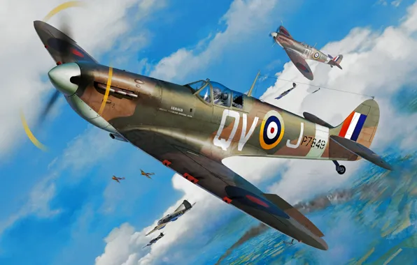 Picture war, art, airplane, painting, aviation, Supermarine Spitfire, ww2