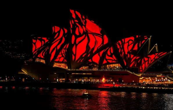 Sea, water, night, red, bright, abstraction, the city, lights