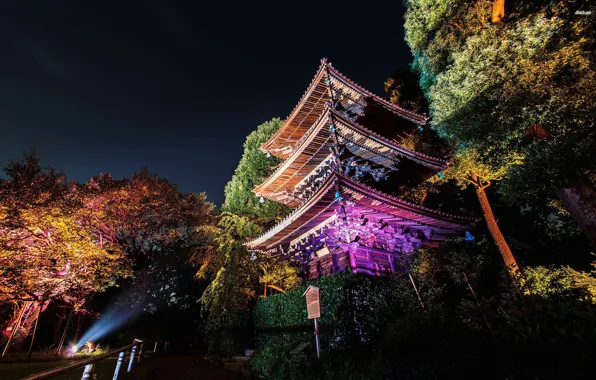 Trees, night, lights, Park, Japan, pagoda, tokyo