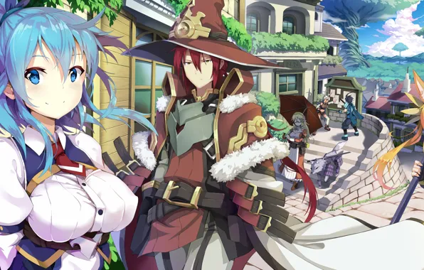 City, sword, happy, armor, weapon, hat, big, anime