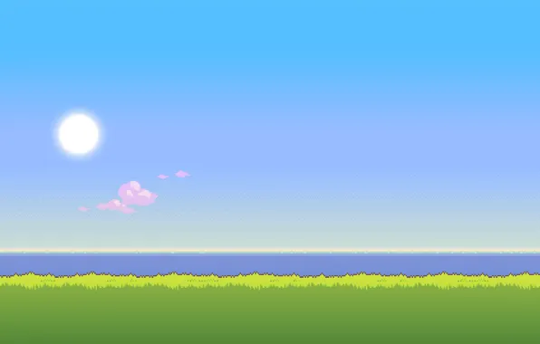 Picture sea, the sky, grass, the sun, time, morning, day, 8bit