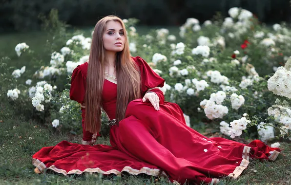 Picture look, girl, nature, style, makeup, sitting, red dress, Albina Khusainova