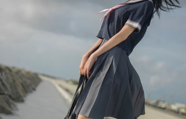 Asian, Woman, Outdoor, Uniform, Shore, Bag, Faceless
