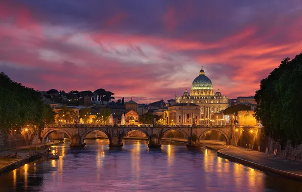 Picture bridge, the city, river, spring, the evening, Rome, Italy, Church