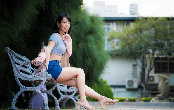Girl, Asian, cutie, bench, bokeh, beautiful legs