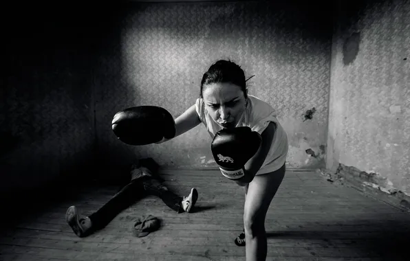 Picture girl, man, Boxing, knockout, gloves