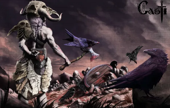 Blood, skull, warrior, skin, horns, axe, shield, cast