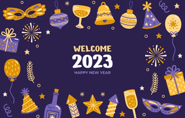 The inscription, yellow, glasses, contrast, figures, gifts, New year, bottle