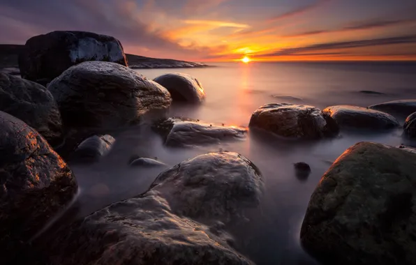 Sea, the sky, sunset, stones, the ocean, the evening, boulders, Wallpaper from lolita777