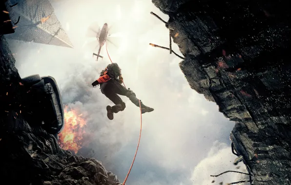 Picture fire, the descent, smoke, helicopter, devastation, pilot, the cable, equipment