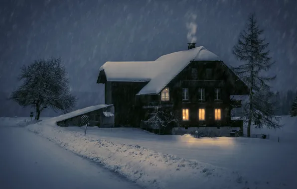 Picture winter, snow, night, house, Romantic Winter Evening