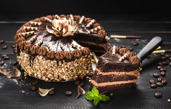 Cake, nuts, cream, coffee beans, chocolate, sweet, glaze, dessert