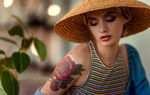 Girl, face, rose, portrait, hat, makeup, lipstick, tattoo