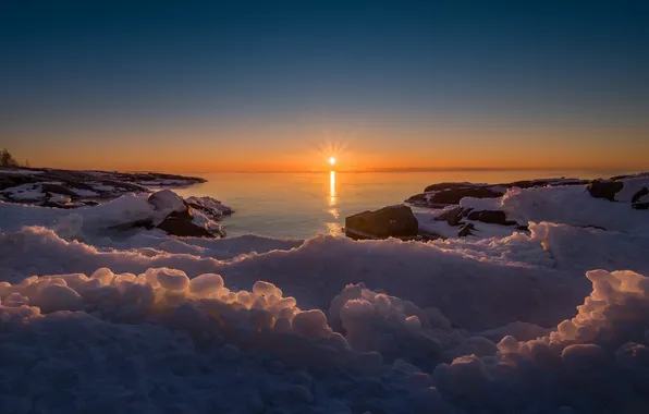 Snow, sunset, dawn, ice