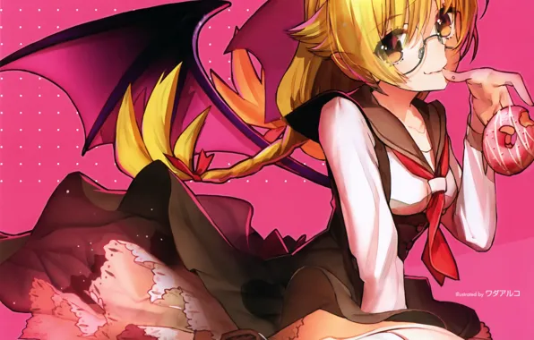 Wings, glasses, braids, donut, pink background, art, bakemonogatari, sailor