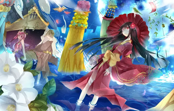 Wave, the sky, water, tale, umbrella, temple, kimono, three