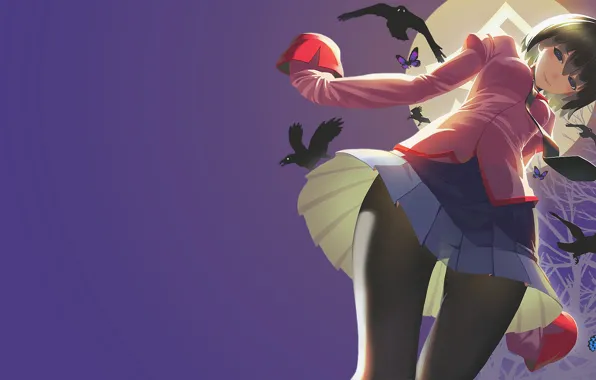 Butterfly, skirt, tie, crows, schoolgirl, the full moon, bottom view, purple background