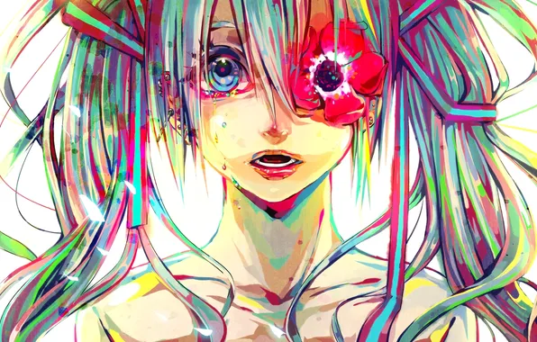Flower, girl, paint, colorful, tears, art, Hatsune Miku, Vocaloid