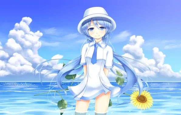 Sea, girl, clouds, sunflower, hat, art, hatsune miku, Vocaloid