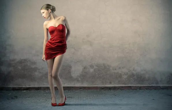 BACKGROUND, BLONDE, SHOES, DRESS, LIPS, RED, WALL, PAVERS