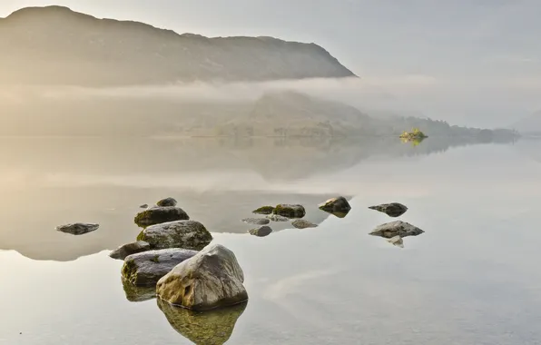 Picture landscape, fog, lake, stones