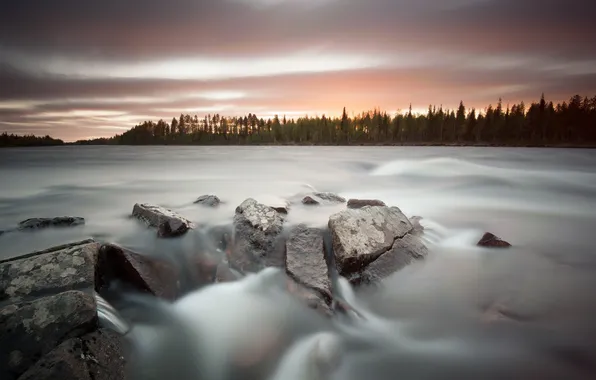 Sunset, nature, river, stones