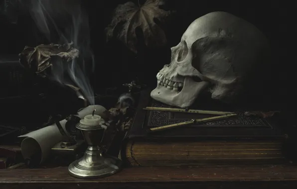 Picture table, skull, candle, book